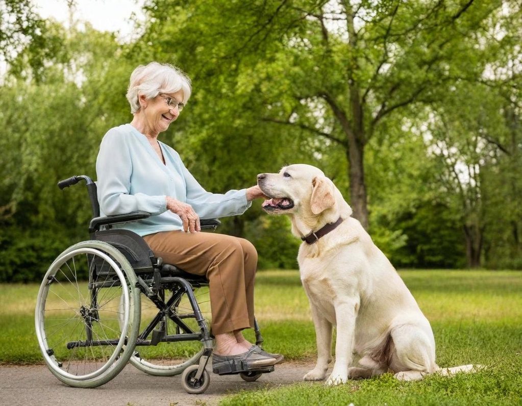 ältere Frau im Rollstuhl mit Hund